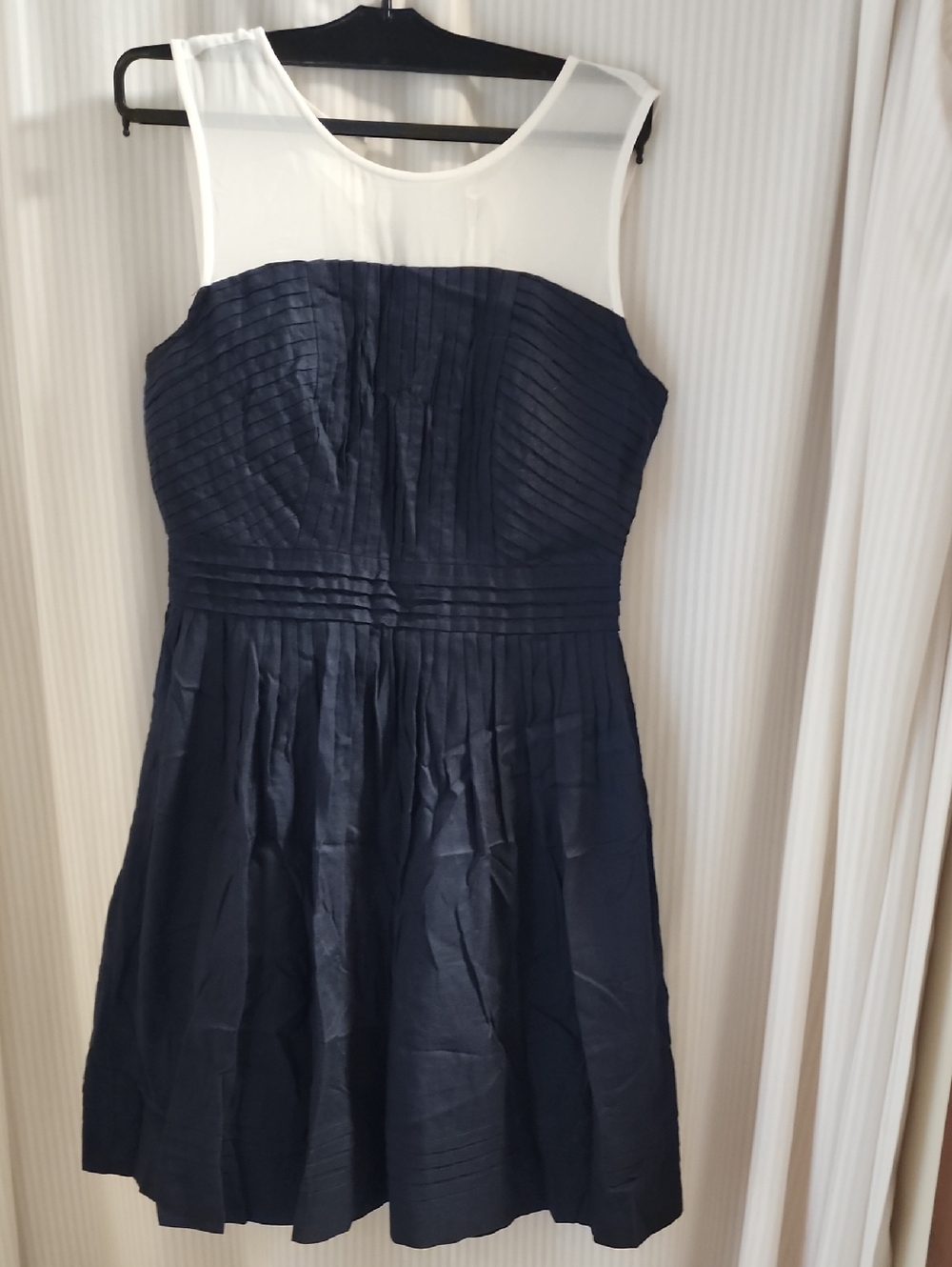 LOFT Navy Dress with White Sheer Yoke Pleated Midi